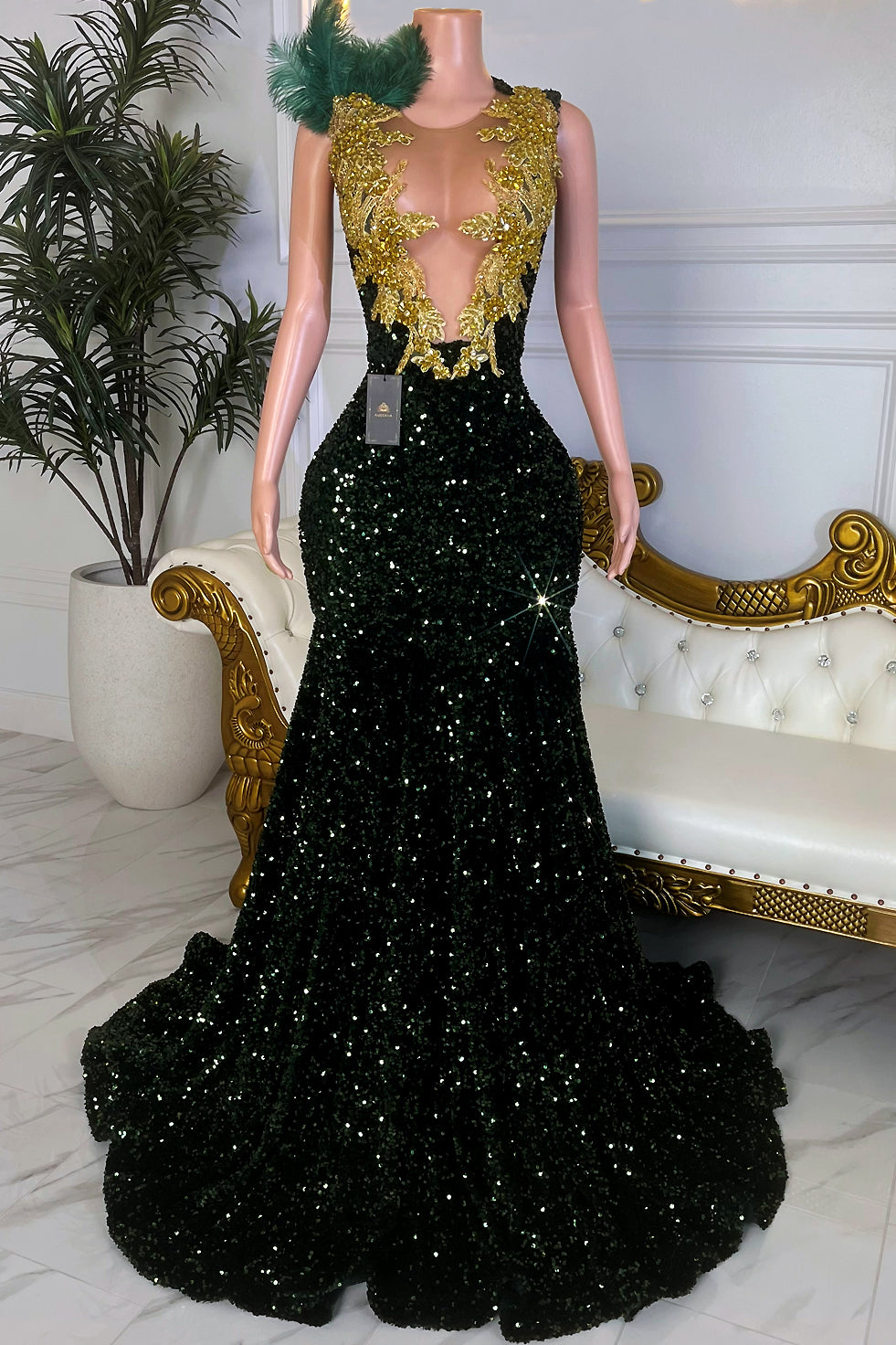 gold leaf sequin dress Sequined Double V-Neck Sleeveless A-Line Midi Wedding Guest Dress