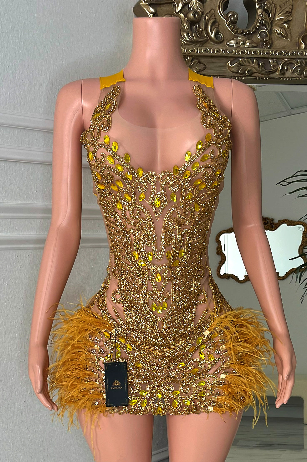 gold diamante dress Diamonds ROBE- Gold Flutter Dress