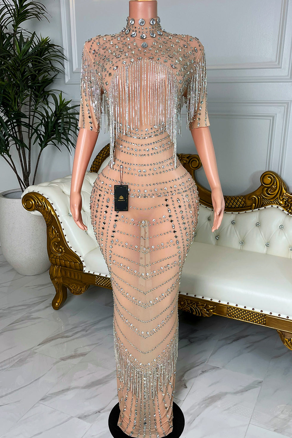 tassel mesh dress Crystal Tassel Mesh Maxi Dress Gold