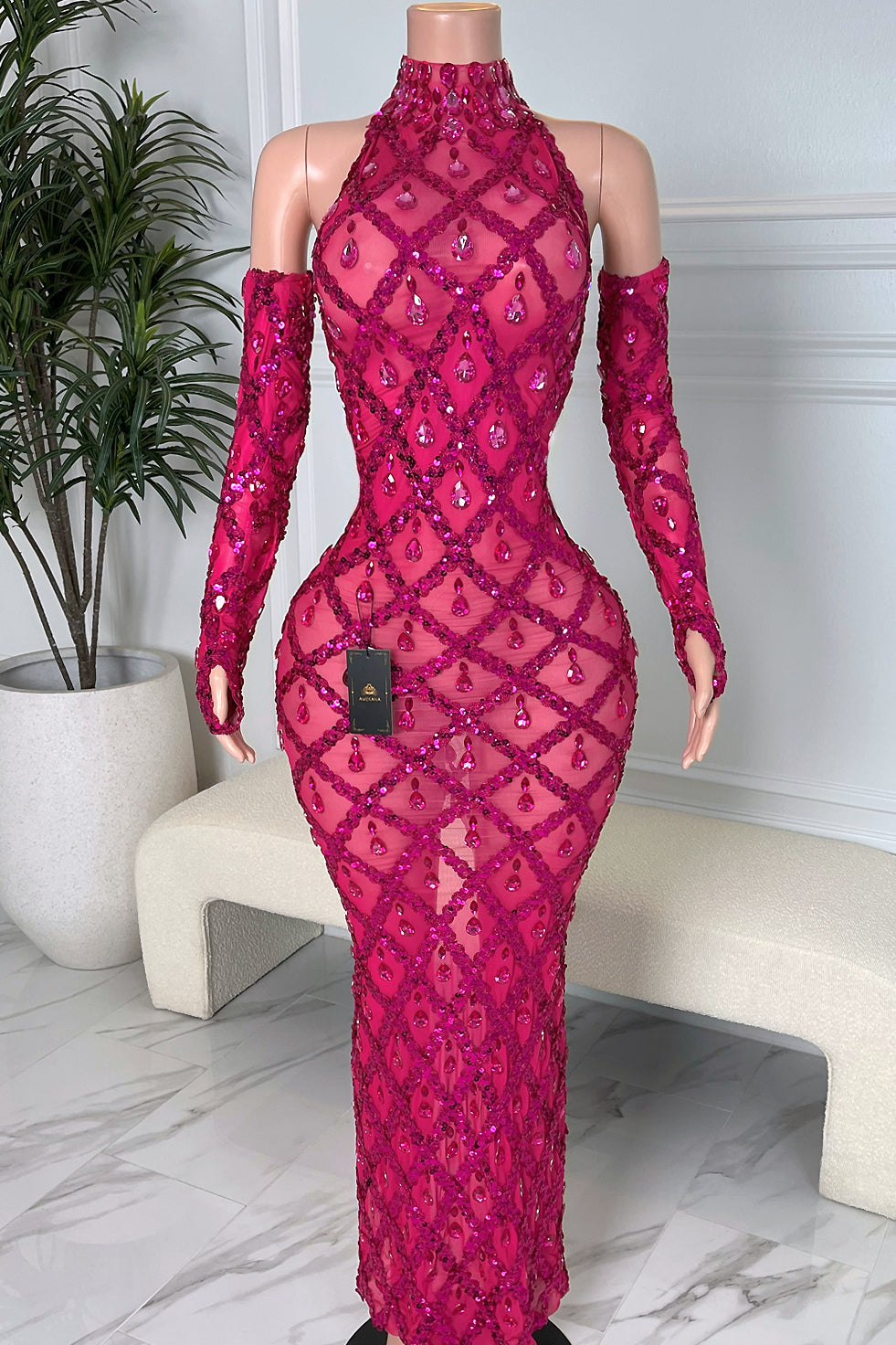 Midnight Hot Pink Rhinestone Dress Set (Ready To Ship) XS / Hot Pink Midnight Hot Pink Rhinestone Dress Set (Ready To Ship) XS / Hot Pink