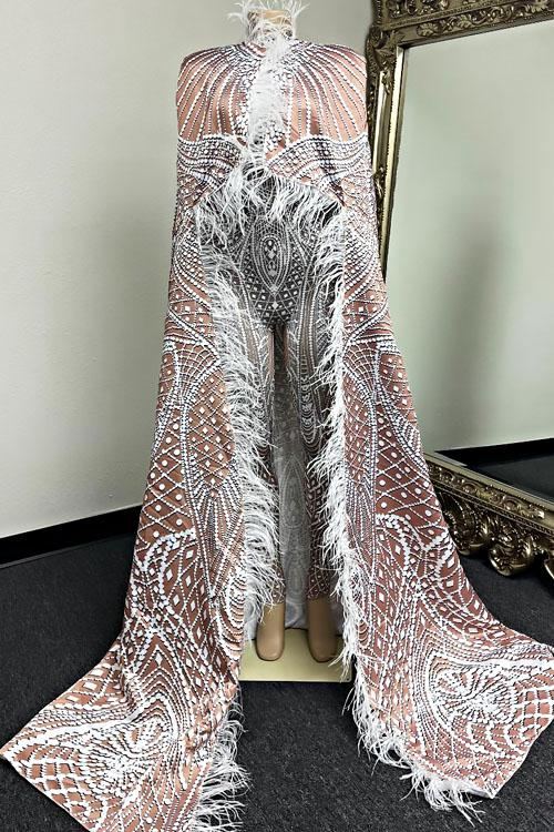 Hazel Print Bodysuit Feather Set With Cape