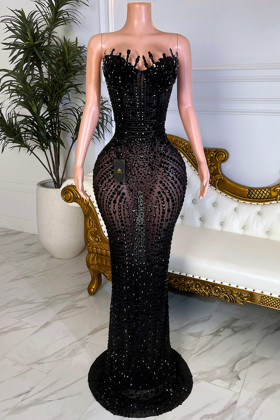 Black Rhinestone Strapless Maxi Dress