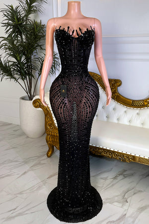 Black Rhinestone Strapless Maxi Dress | Amekana  AMEKANA
