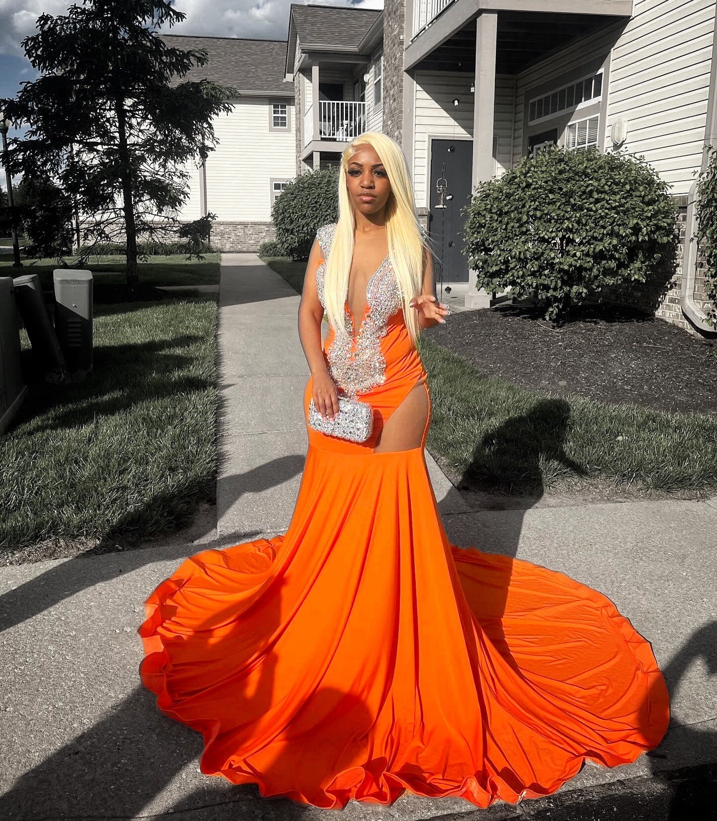 orange diamante dress Orange Diamonds Prom Dress 2024 Black Girls Gold Crystal Rhinestone Party Gown