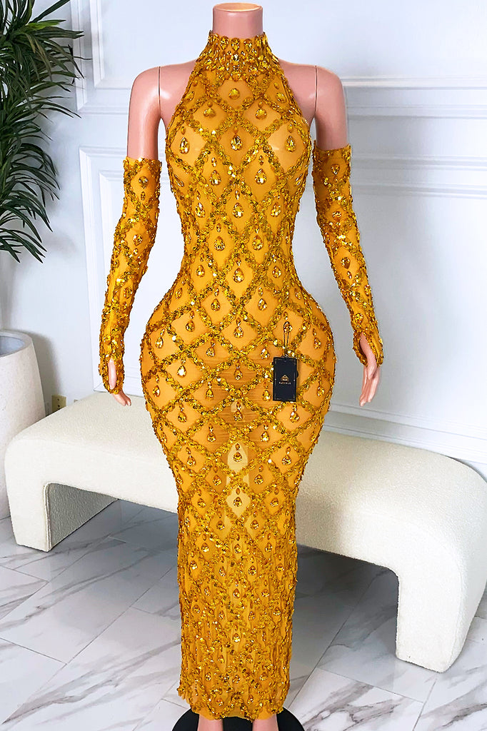 gold sequin pattern dress Midnight Gold Rhinestone Dress (Ready To Ship) – AMEKANA