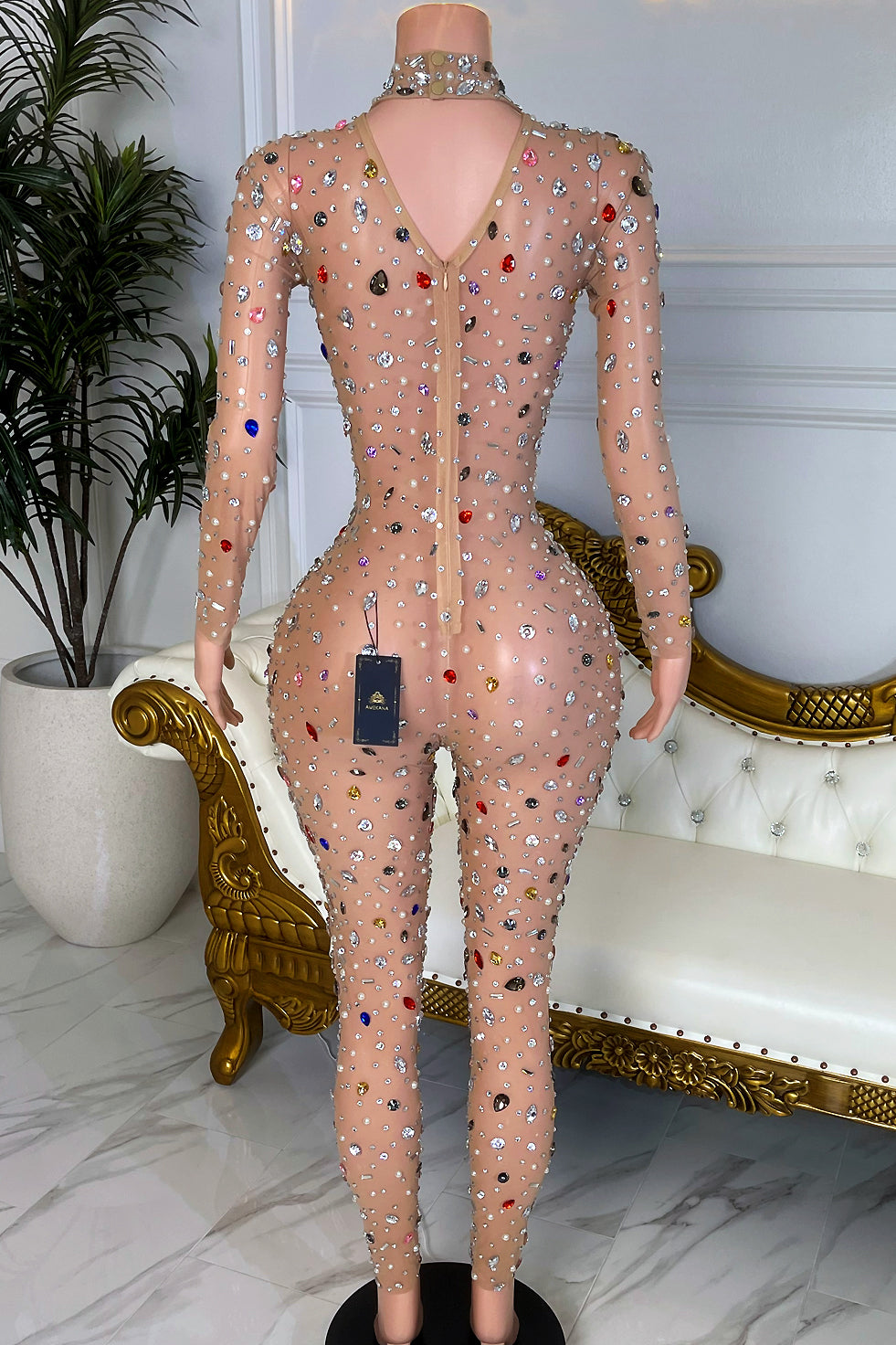 Back view of nude mesh crystal jumpsuit with multicolor rhinestones, skinny leg fit and zipper closure, Amekana”