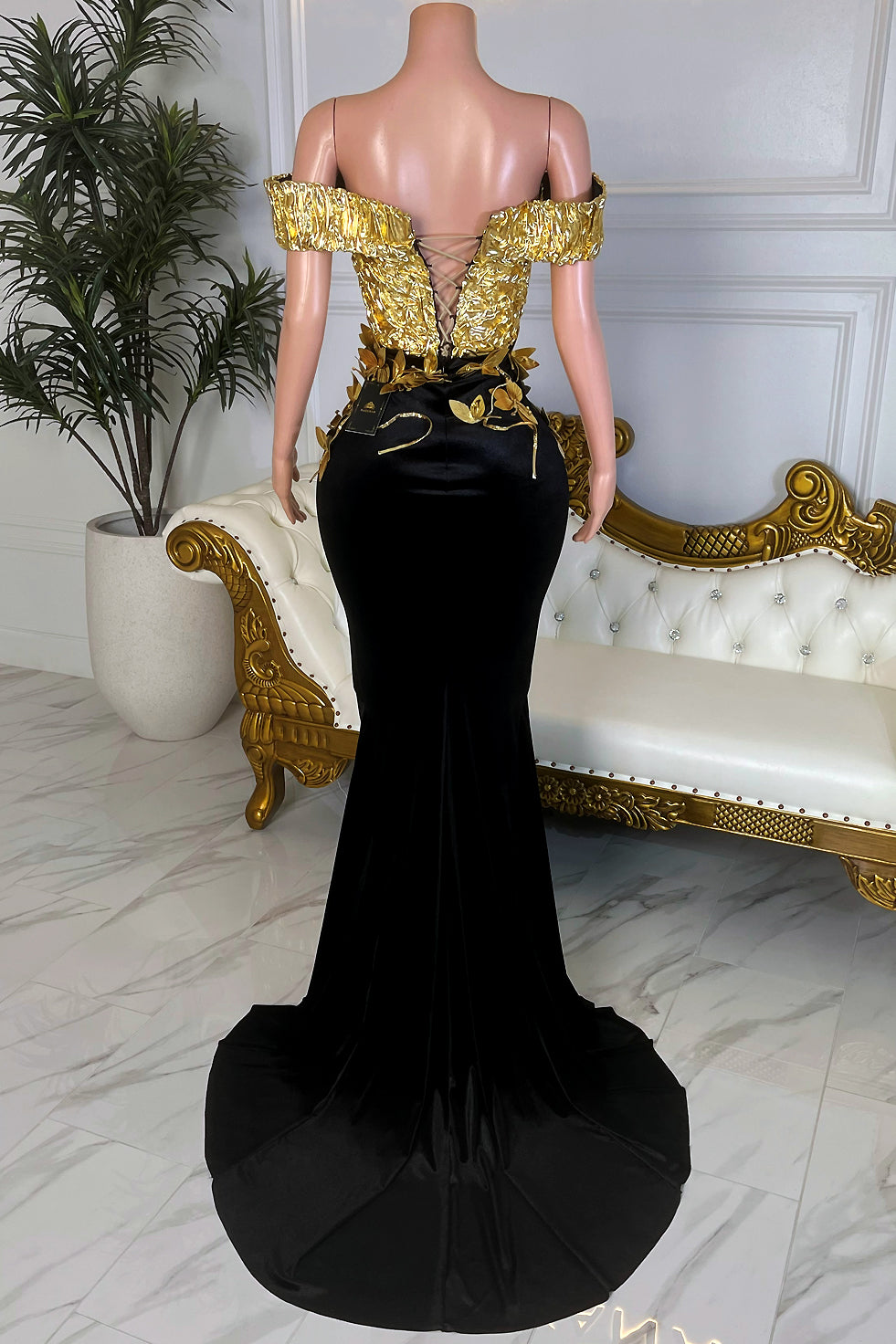 Petals At Midnight Gold Dress(Ready To Ship)