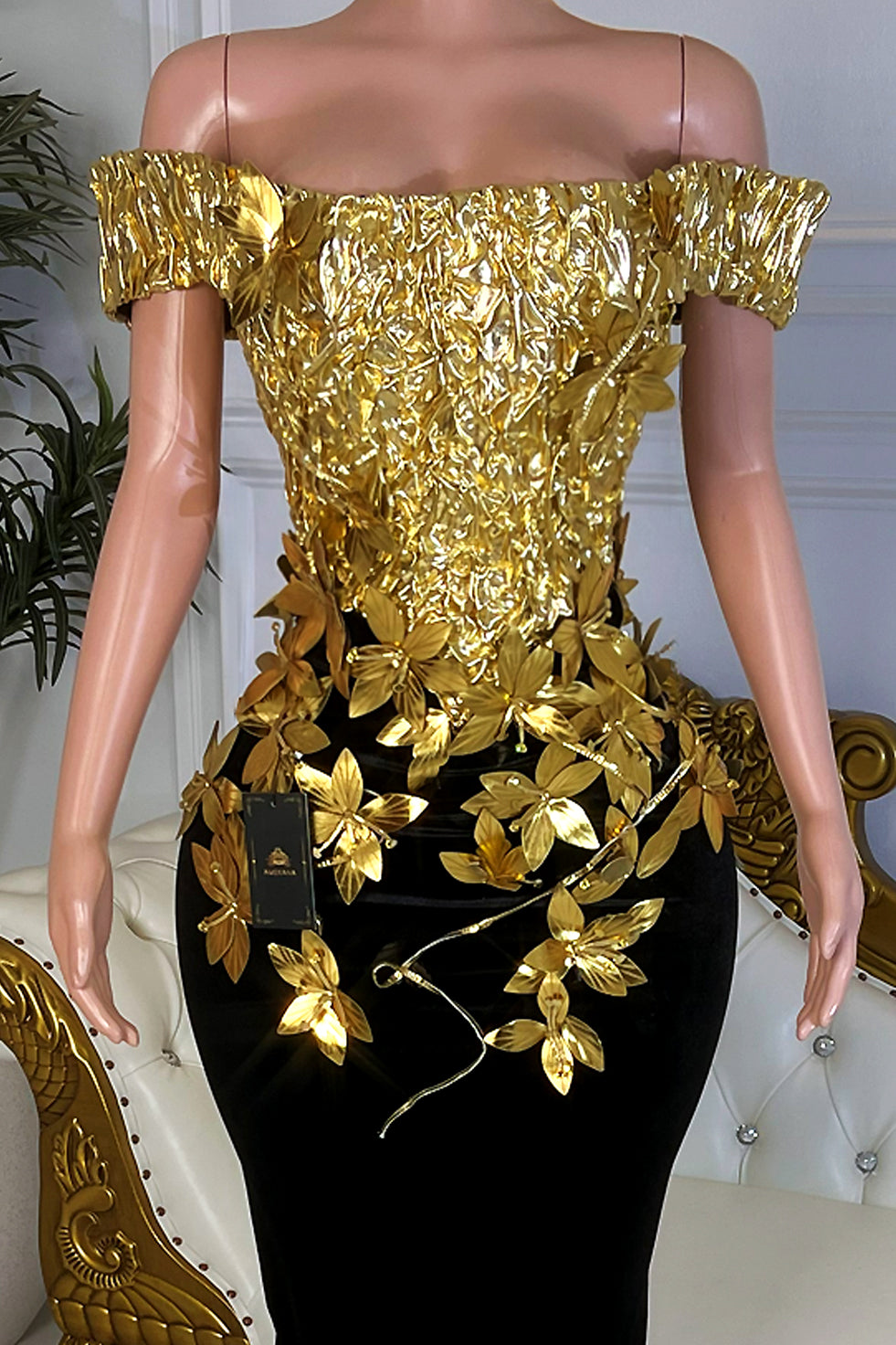 Petals At Midnight Gold Dress(Ready To Ship)