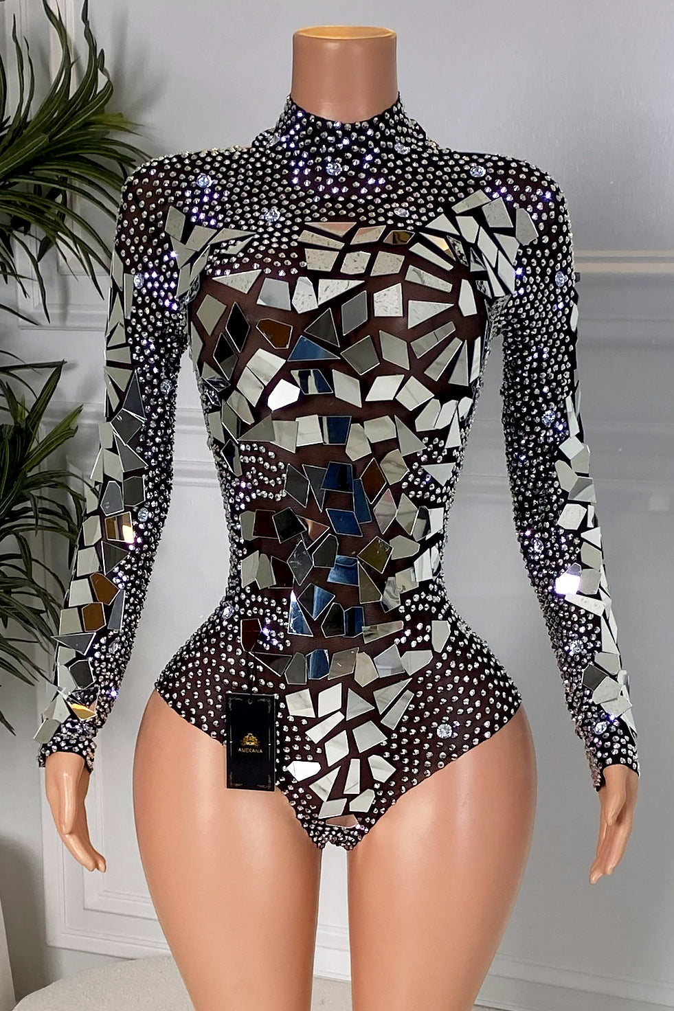 Amelia Rhinestone Black Mirror Playsuit (Ready To Ship)