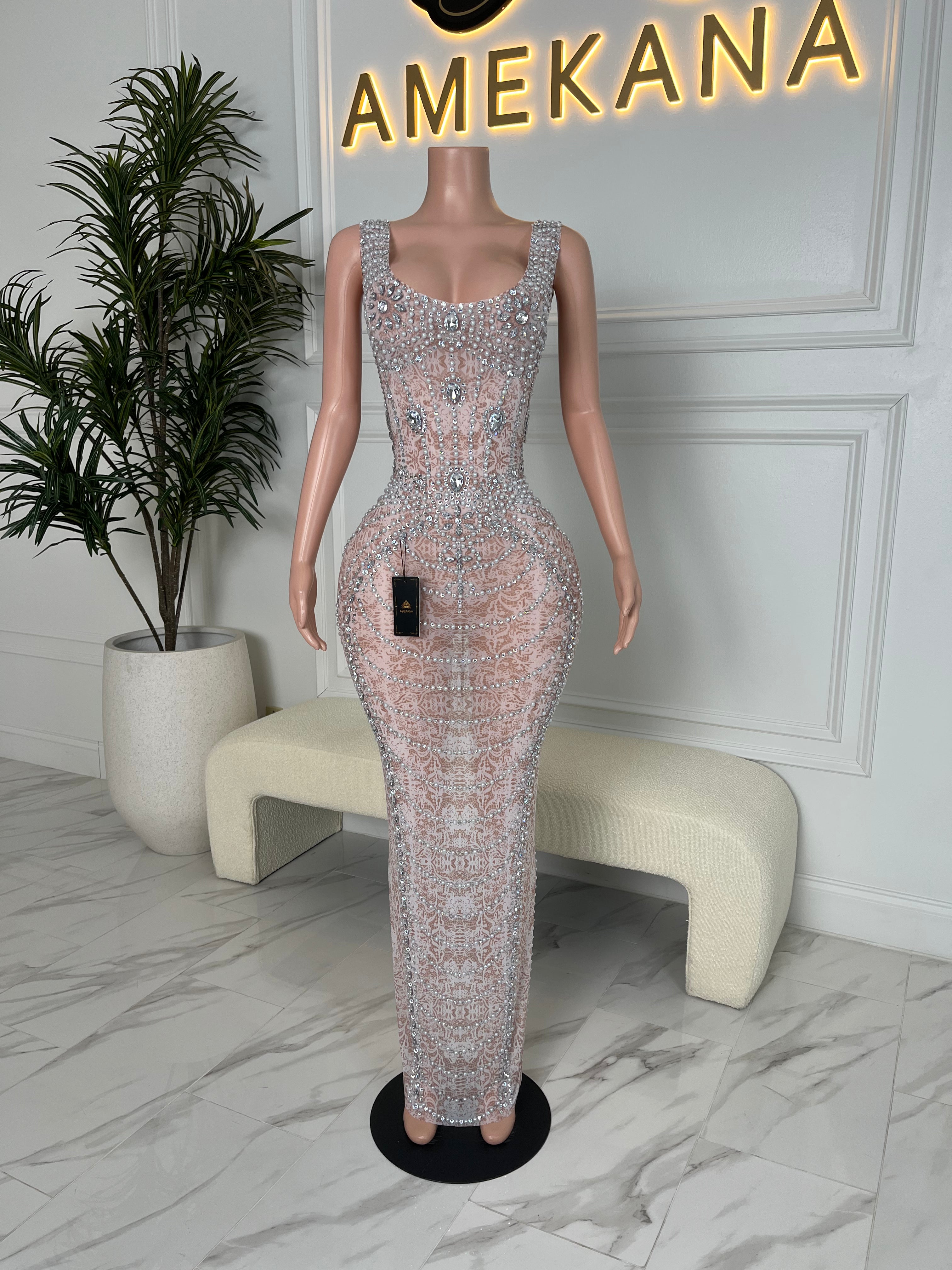 Tyra Mesh Diamante Evening Dress (Pre-Order) AMEKANA Tyra Mesh Diamante Evening Dress (Pre-Order) AMEKANA