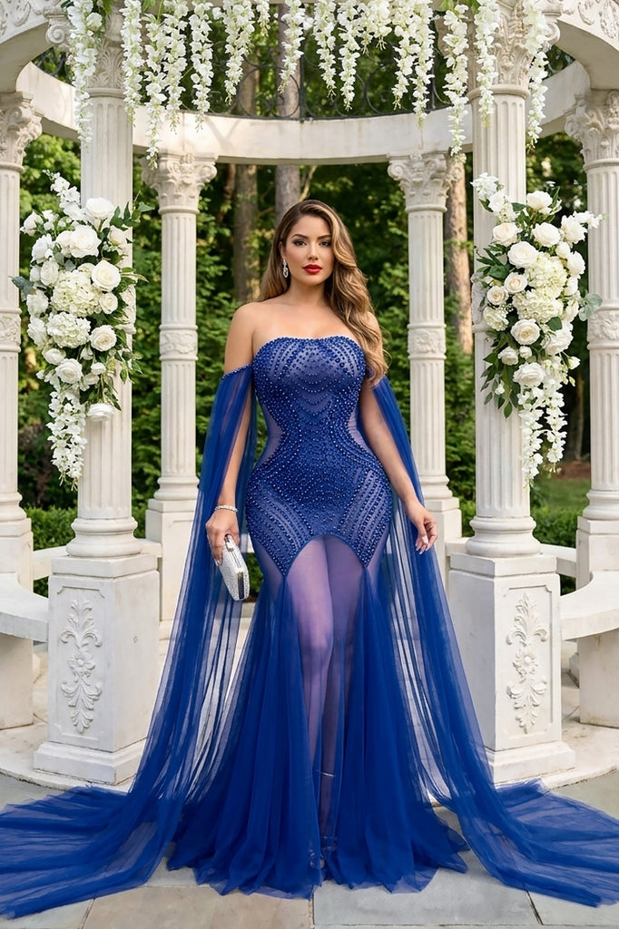 blue soul dress Wild Royal Pearl Rhinestone Evening Gown with Tulle Panels M / Blue Workwear Dresses fuller skirt allows room Color:Hottest Pink Christina Cross Over Mini