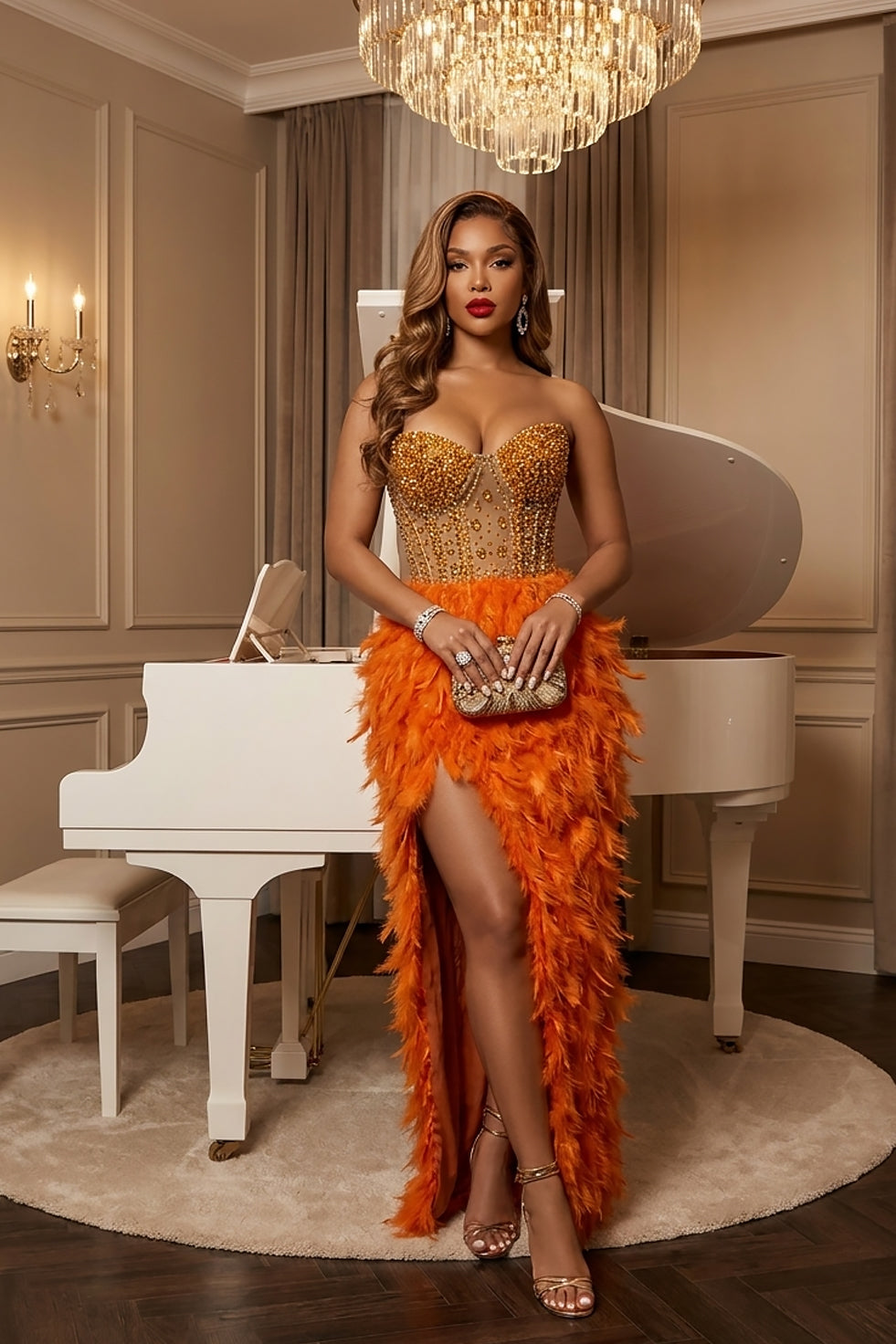 Bruna Orange Feather Dress (Ready to Ship)