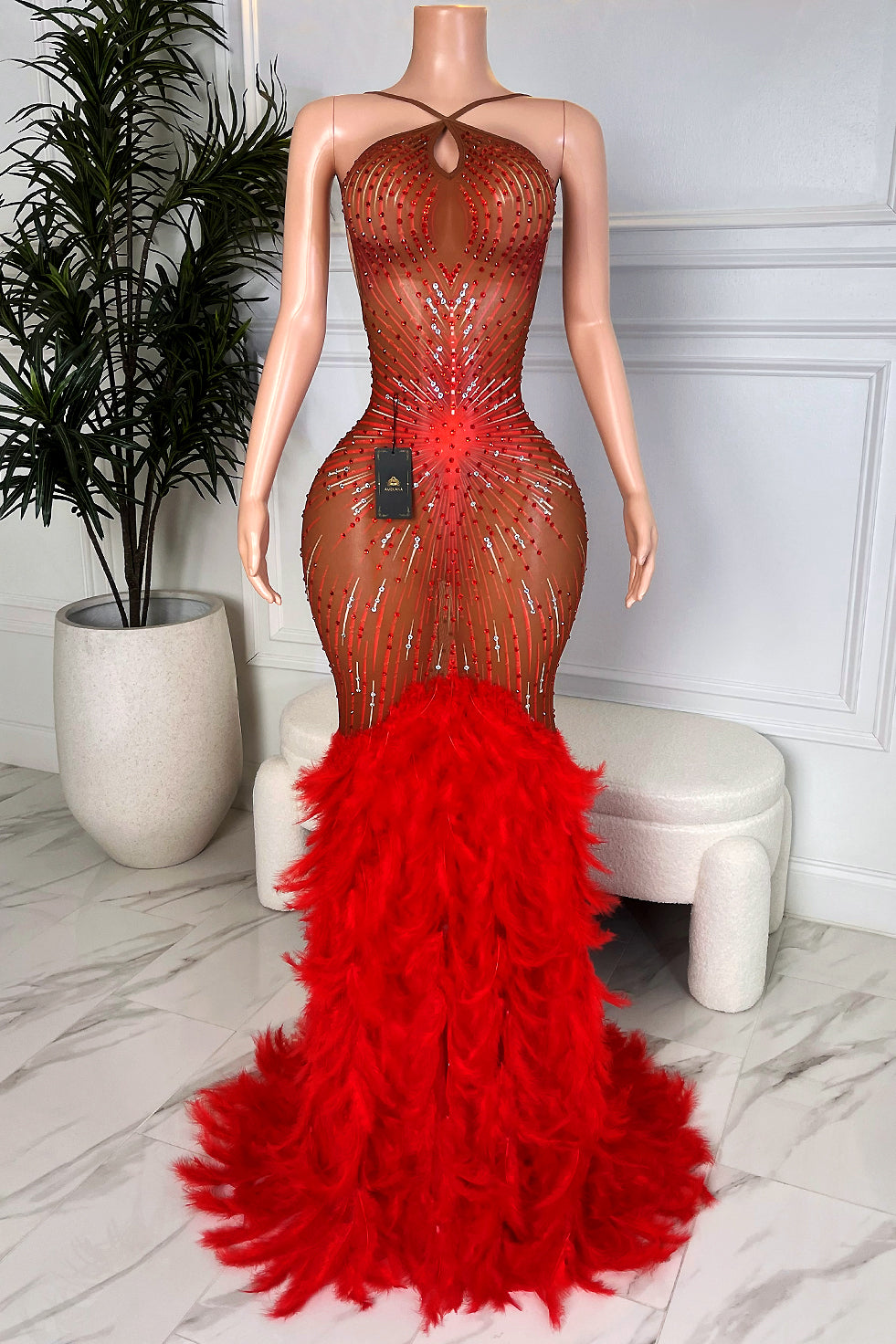Nude illusion brown mesh gown with red rhinestone starburst design and dramatic red feather hem, front view