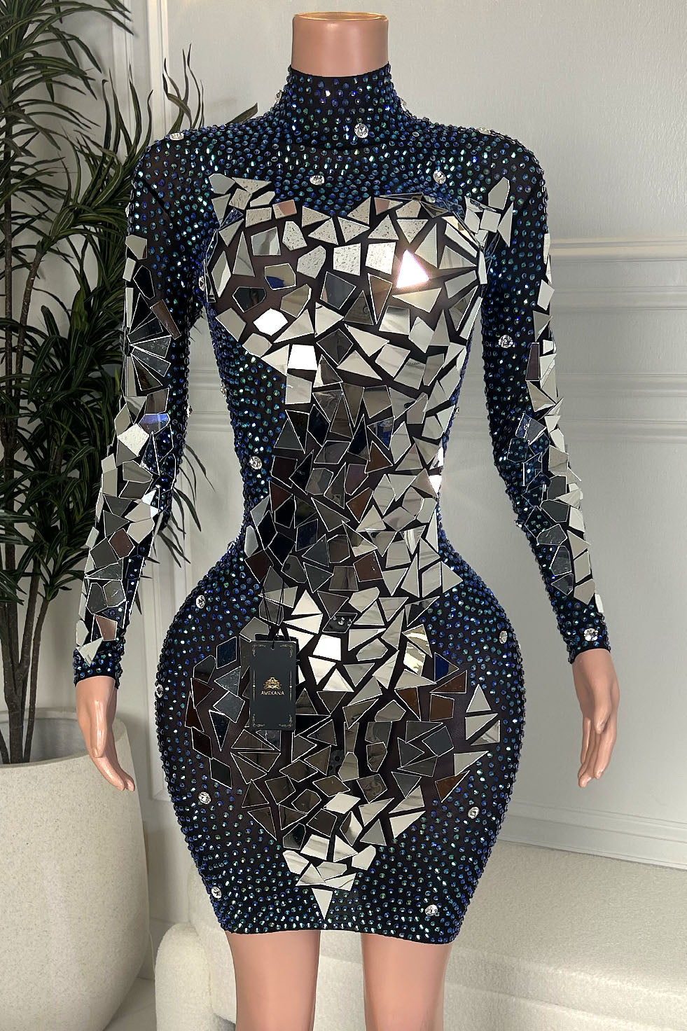 Front view of Amekana Midnight Mosaic blue rhinestone long sleeve high neck mini dress with mirror mosaic panel details