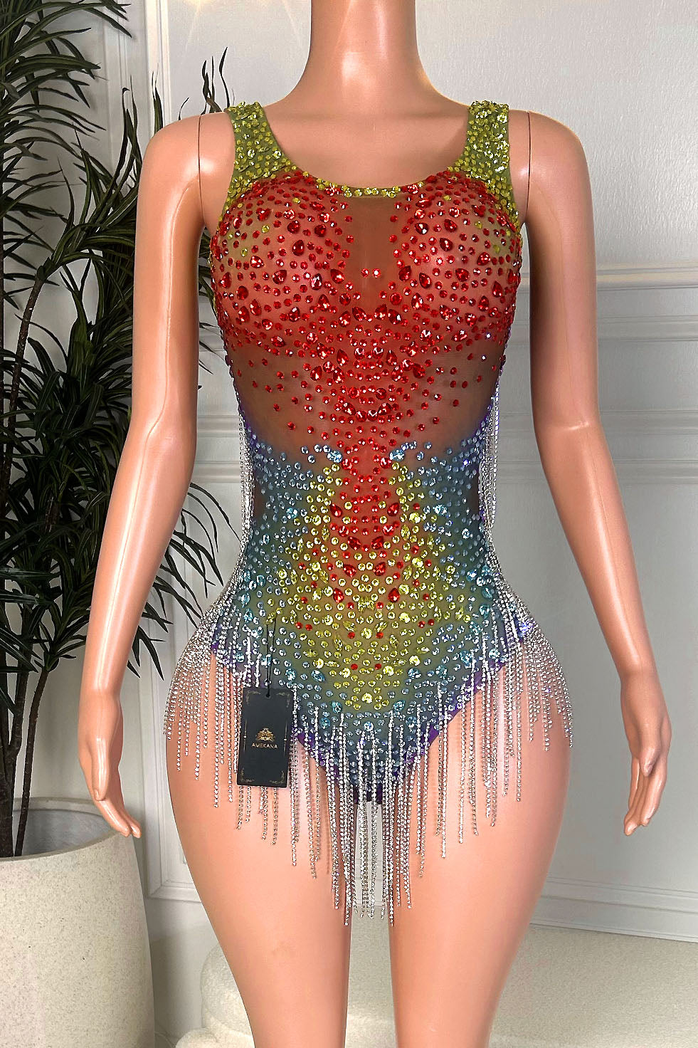 Multicolor rhinestone fringe bodysuit on nude mesh with red crystal bust detail, green straps, and rainbow rhinestones, front view