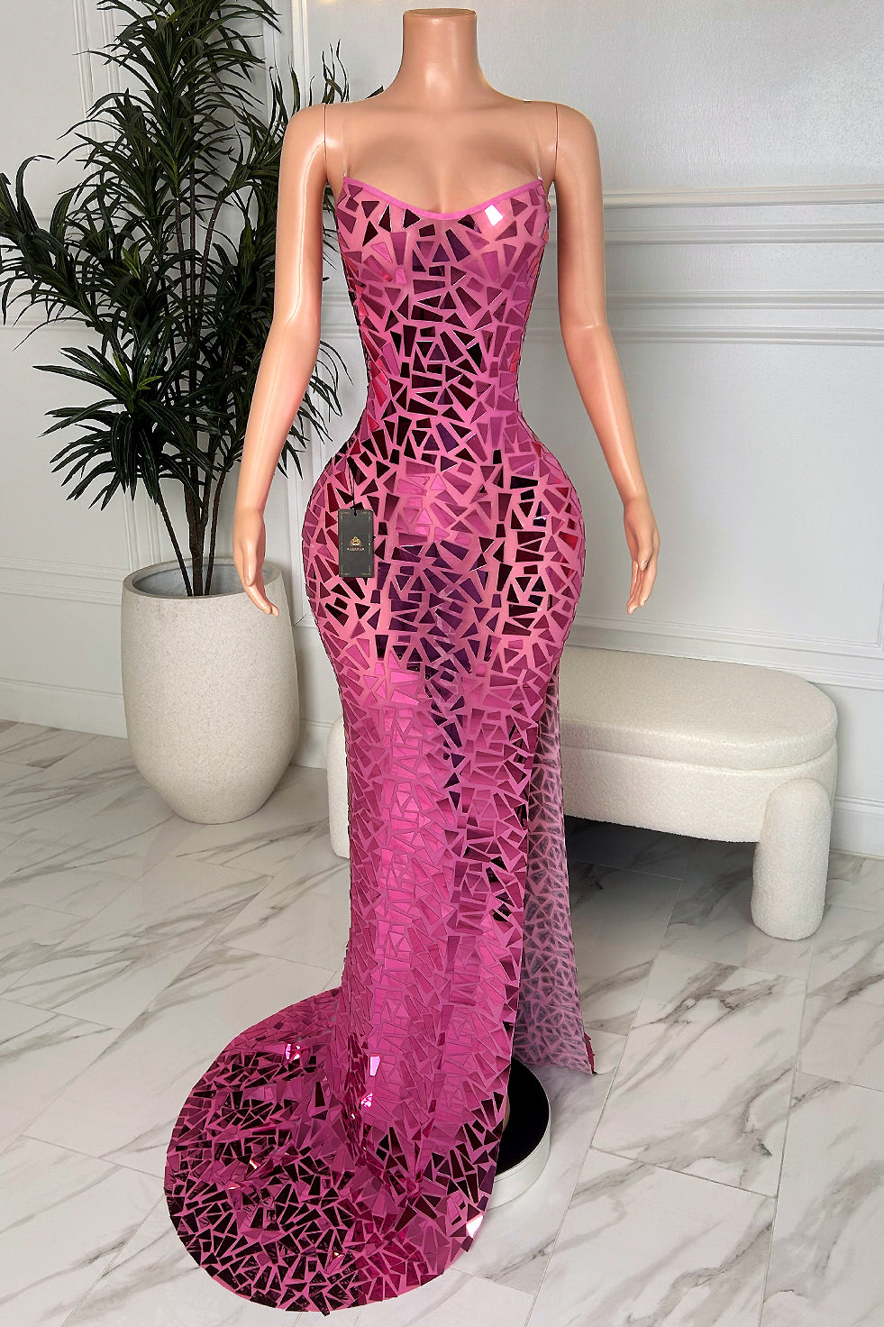Pink mirror strapless bodycon maxi dress with reflective mosaic embellishments and dramatic train, front view by Amekana.