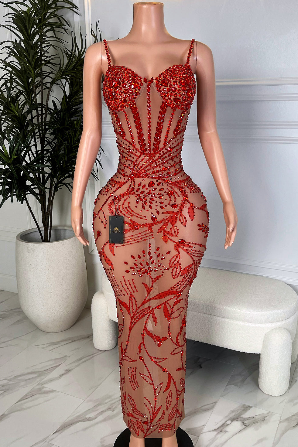 Amekana Scarlet Bloom Goddess Dress, red rhinestone floral nude illusion midi dress, front view on mannequin.