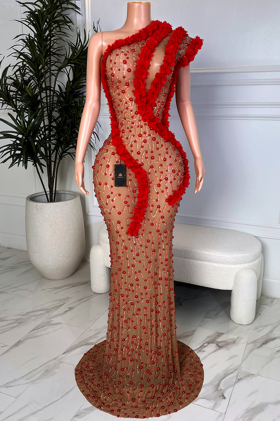Nude illusion red beaded maxi dress with one shoulder 3D floral applique trim and floor length hem, front view