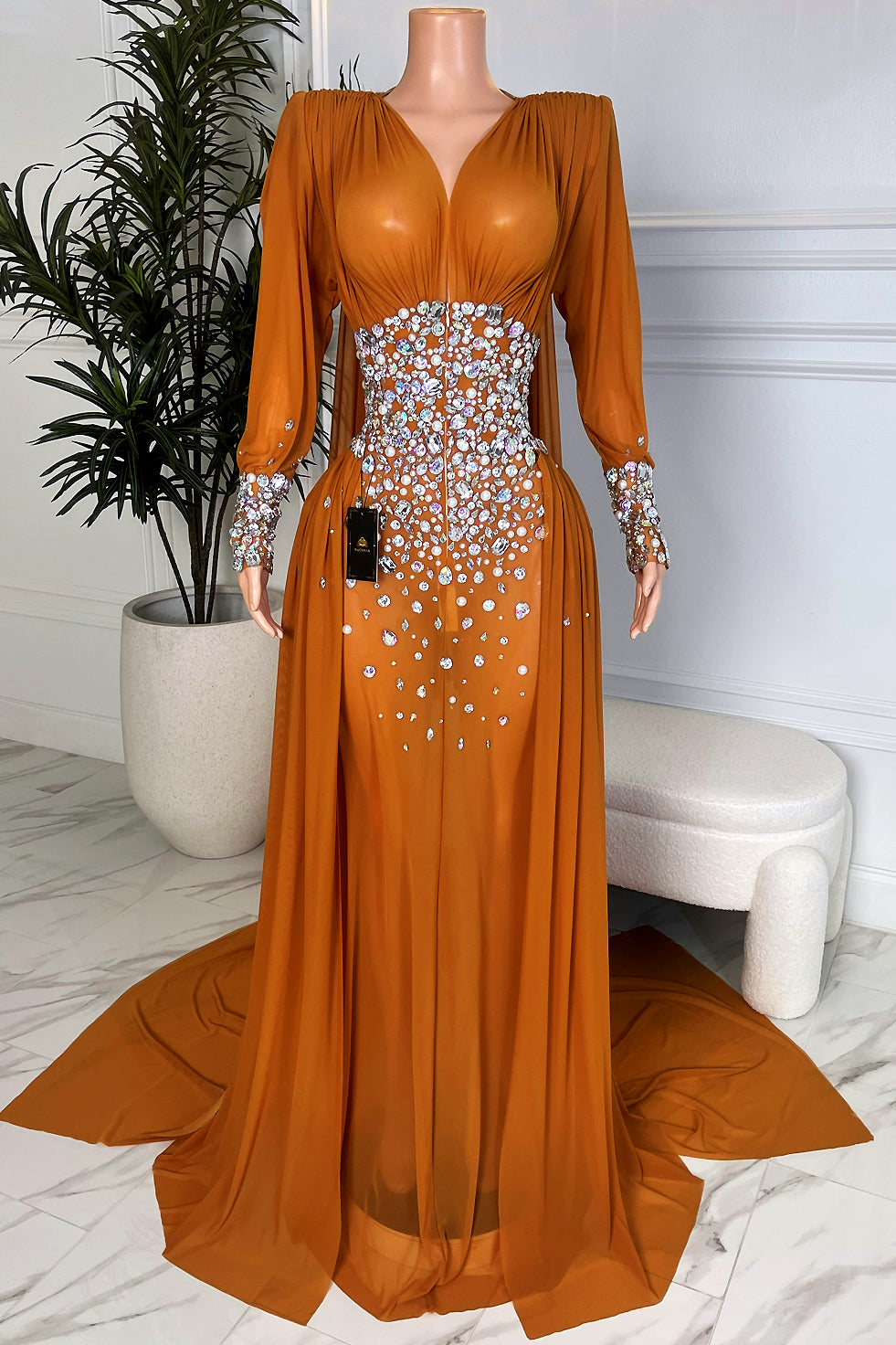Amekana Cognac Opal Empress Gown front view in brown rhinestone maxi dress with long sleeves and train