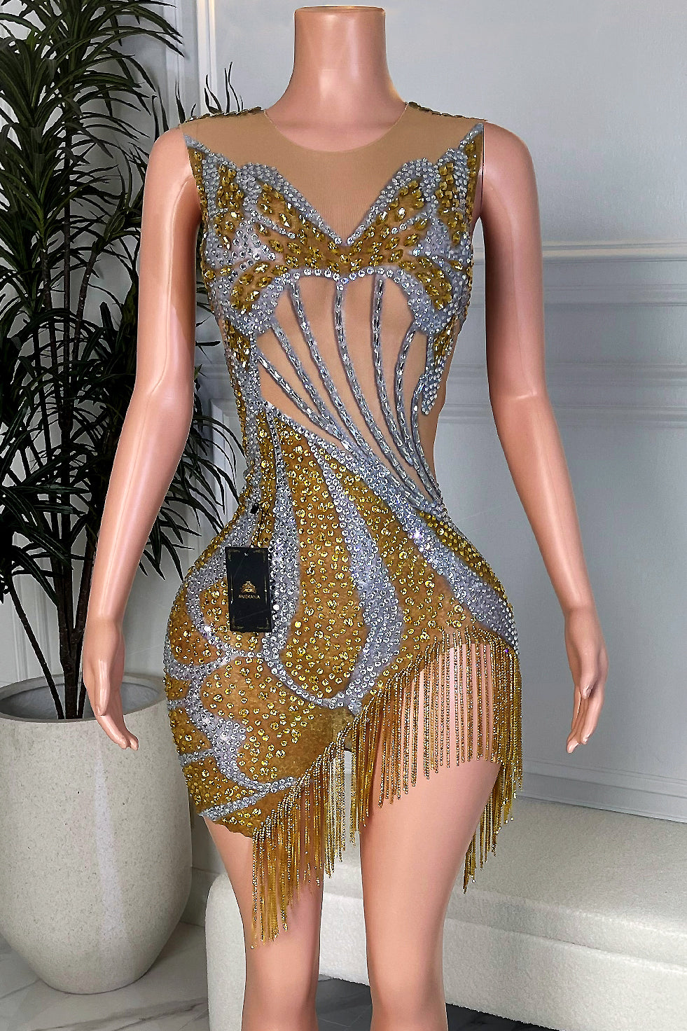 Gold and silver butterfly rhinestone tassel mini dress on nude illusion mesh, front view bodycon party dress by Amekana