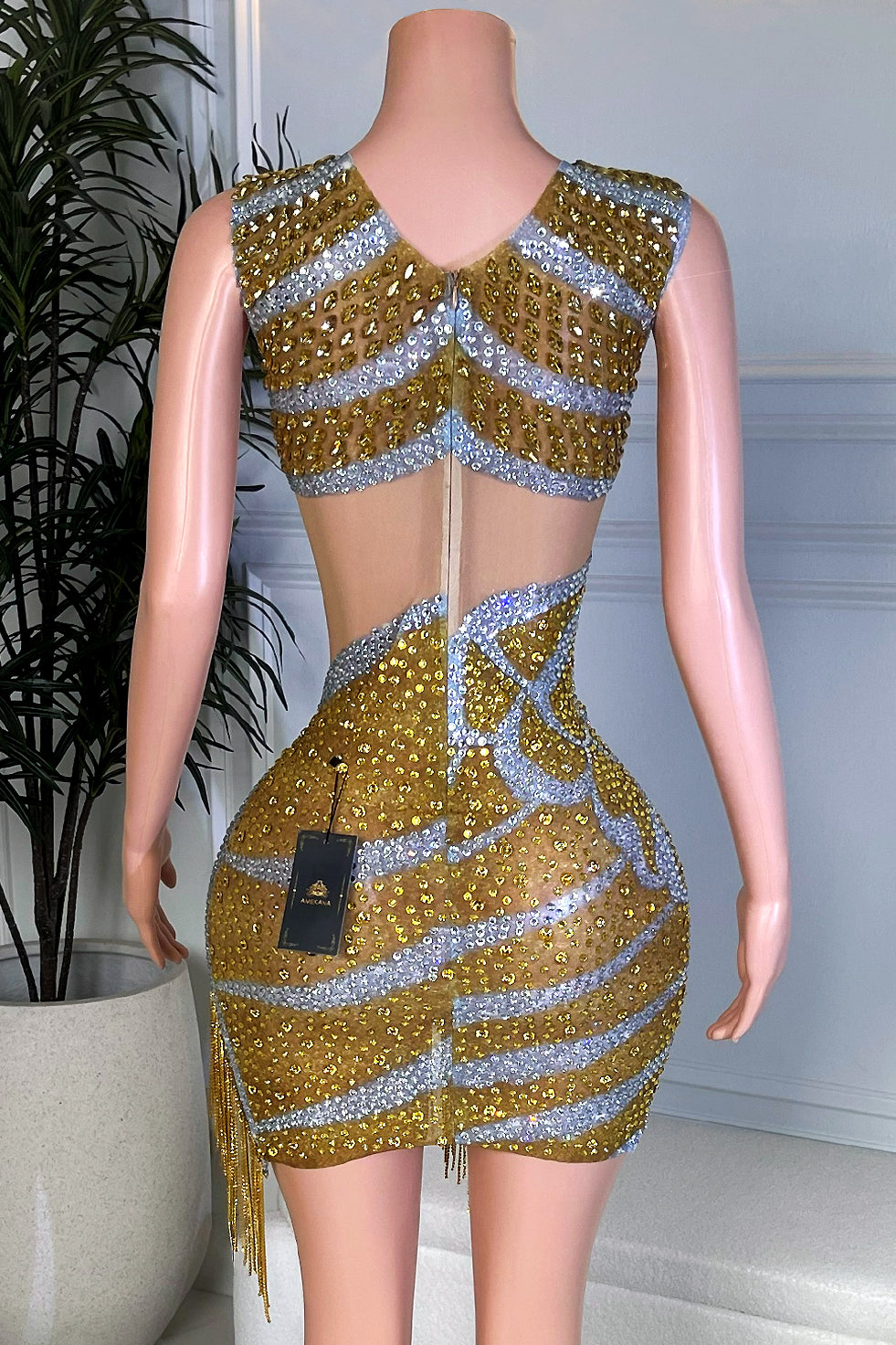 Back view of gold and silver rhinestone butterfly mini dress with nude illusion mesh and tassel fringe hem by Amekana
