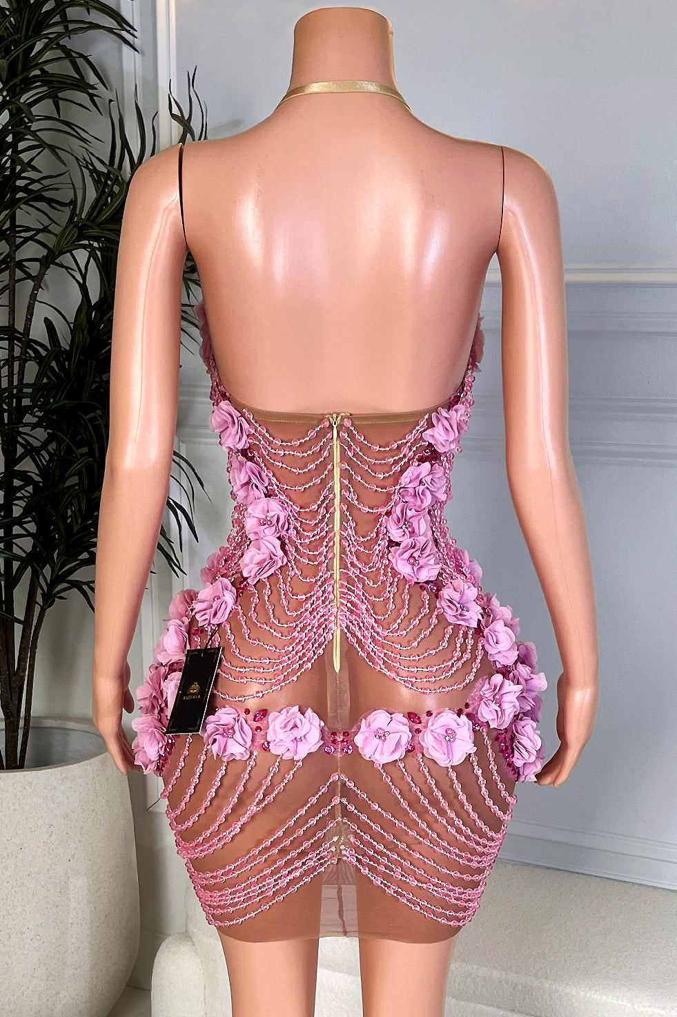 Back view open back pink beaded tassel mini dress with floral applique details and zipper closure, rear view