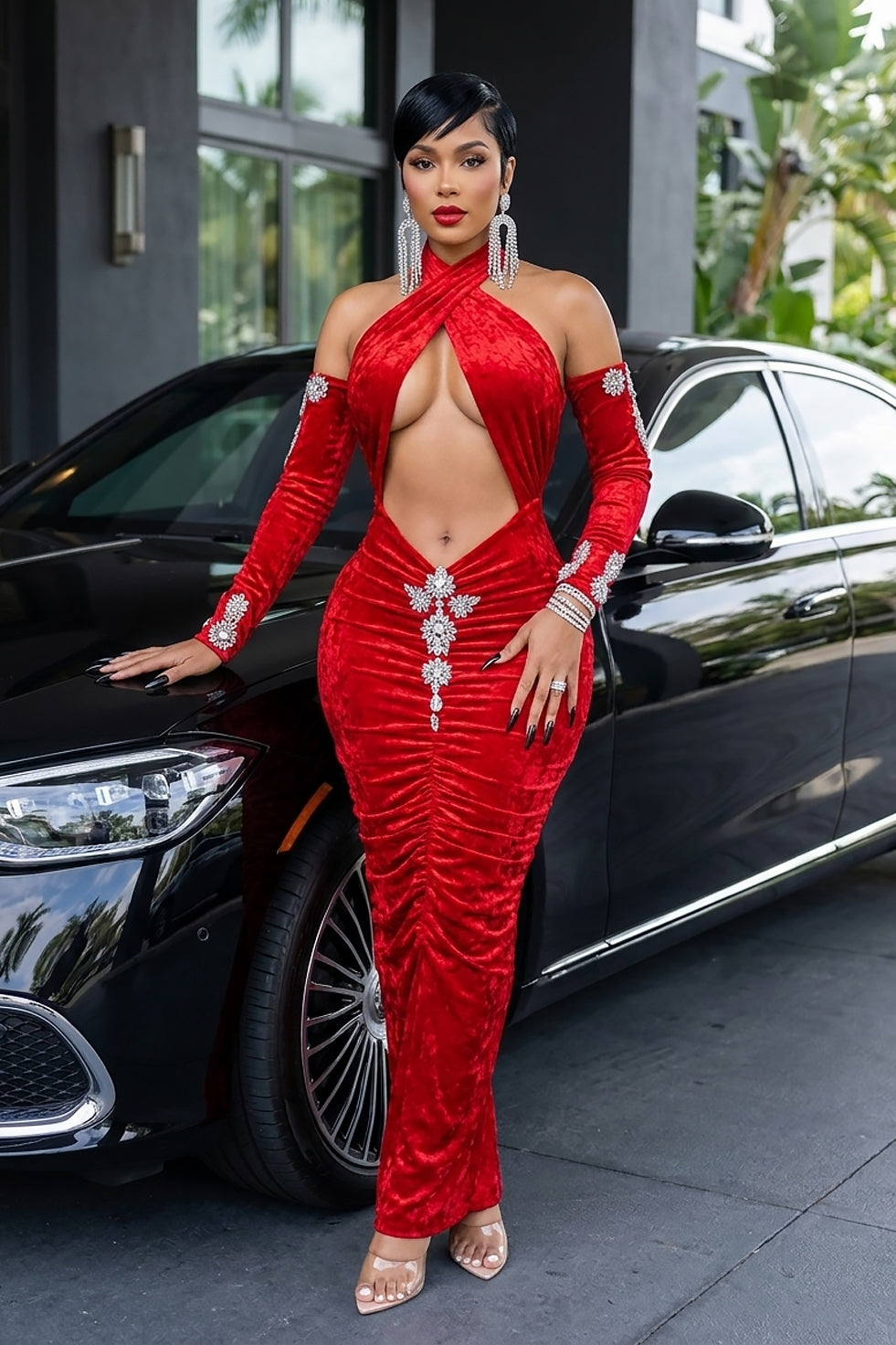 Chrissy Red Diamante Dress (Ready To Ship)