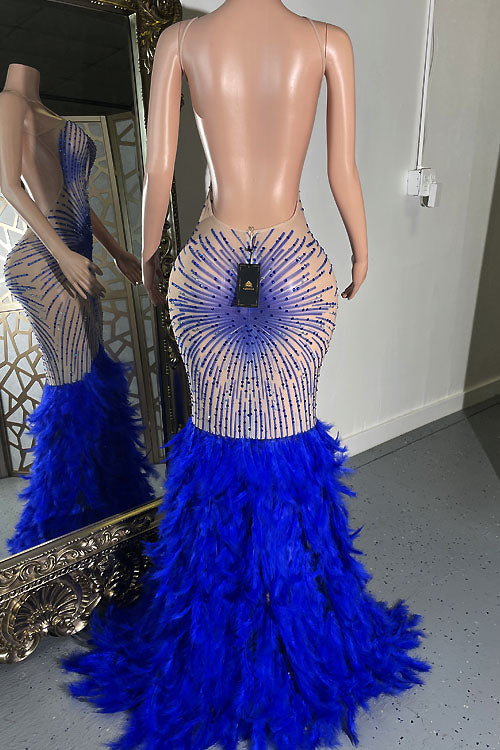Amara Blue Feather Dress (Ready To Ship) S / Blue Amara Blue Feather Dress (Ready To Ship) S / Blue