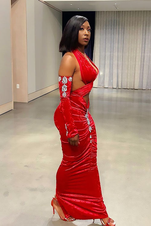 Chrissy Red Diamante Dress (Ready To Ship)