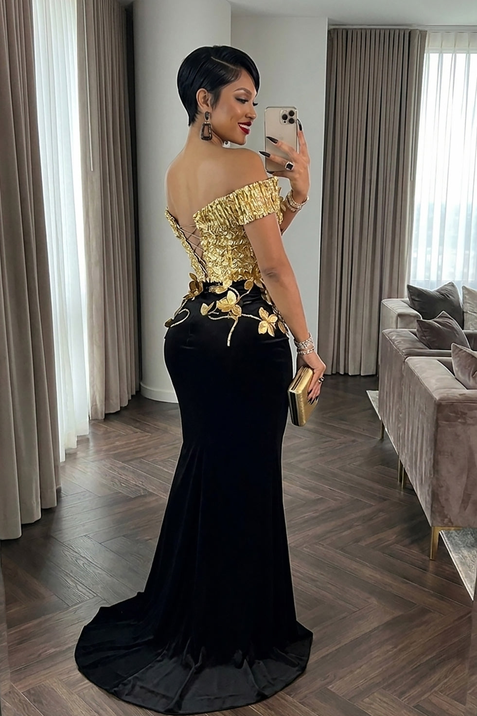 Petals At Midnight Gold Dress (Ready to Ship)