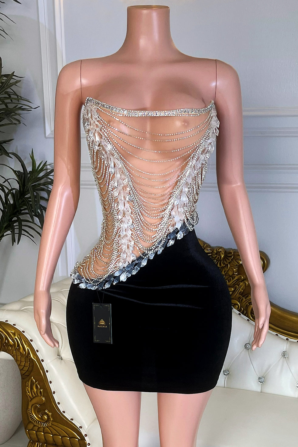 Black velvet mini dress with strapless crystal chain corset bodice and clear rhinestone fringe tassels