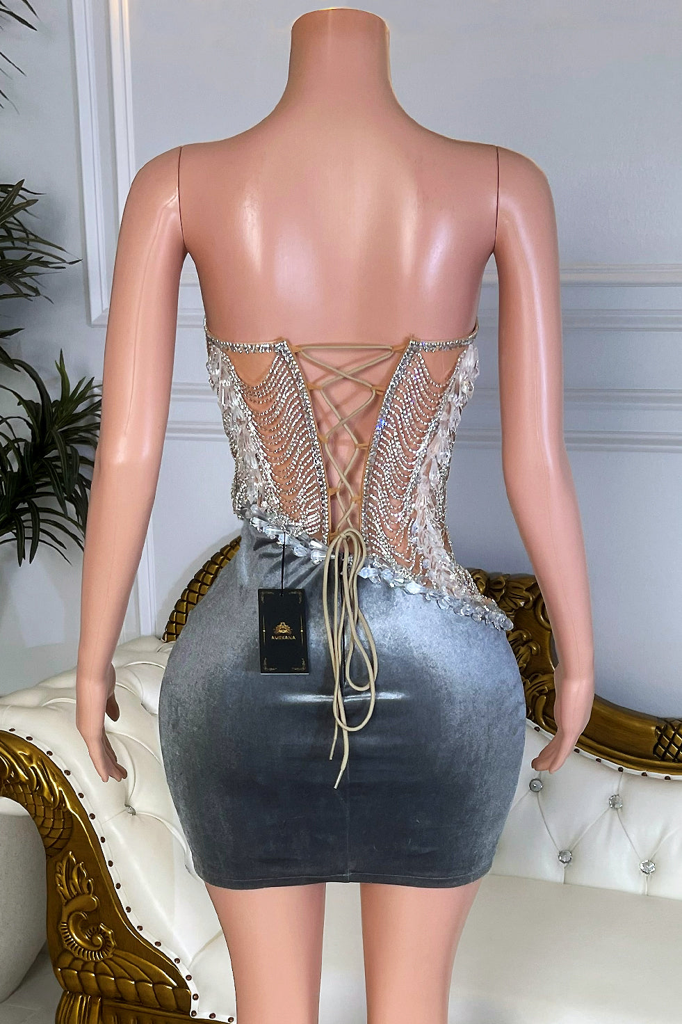 Amekana grey velvet bodycon mini with rhinestone chain drape and asymmetrical crystal trim