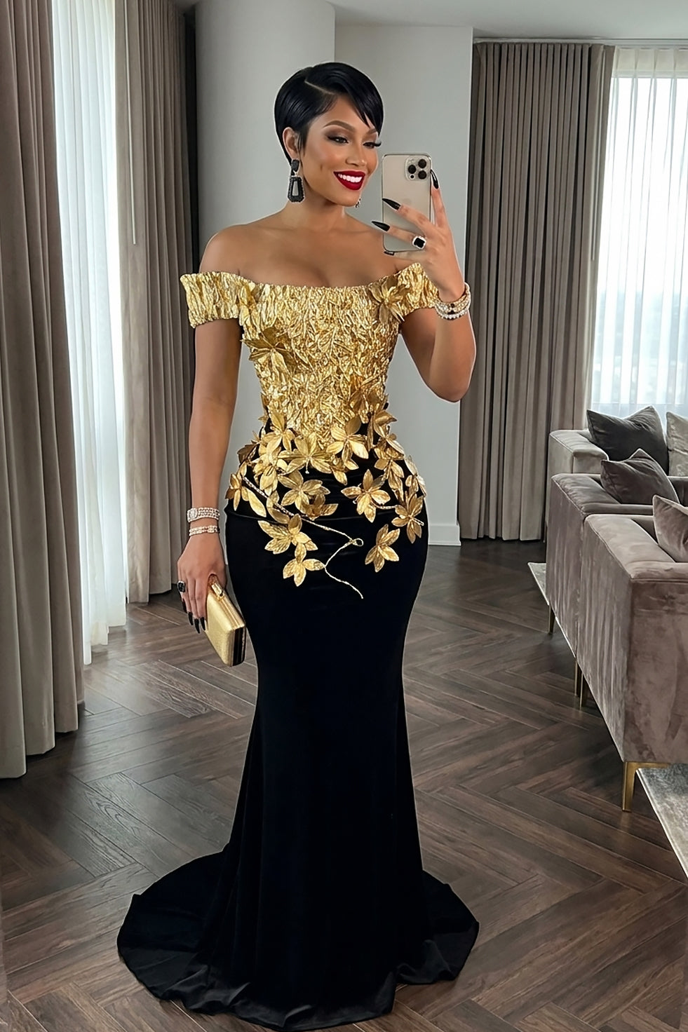 Petals At Midnight Gold Dress (Ready to Ship)