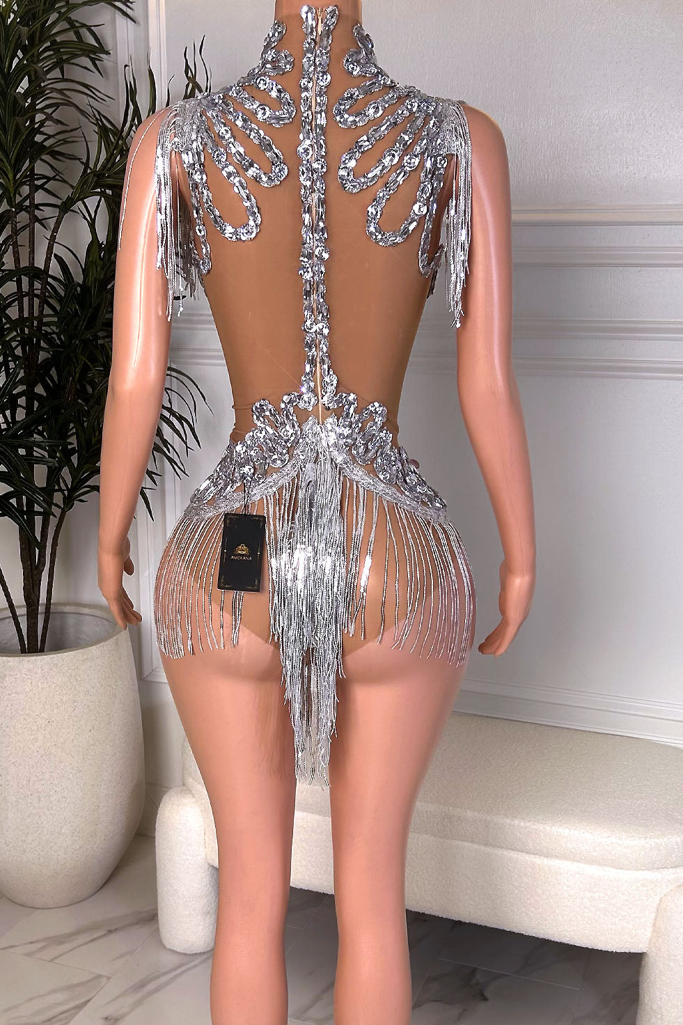 Back view of nude illusion mesh bodysuit featuring silver rhinestone spine detail, shoulder fringe tassels, and crystal fringe at hips.