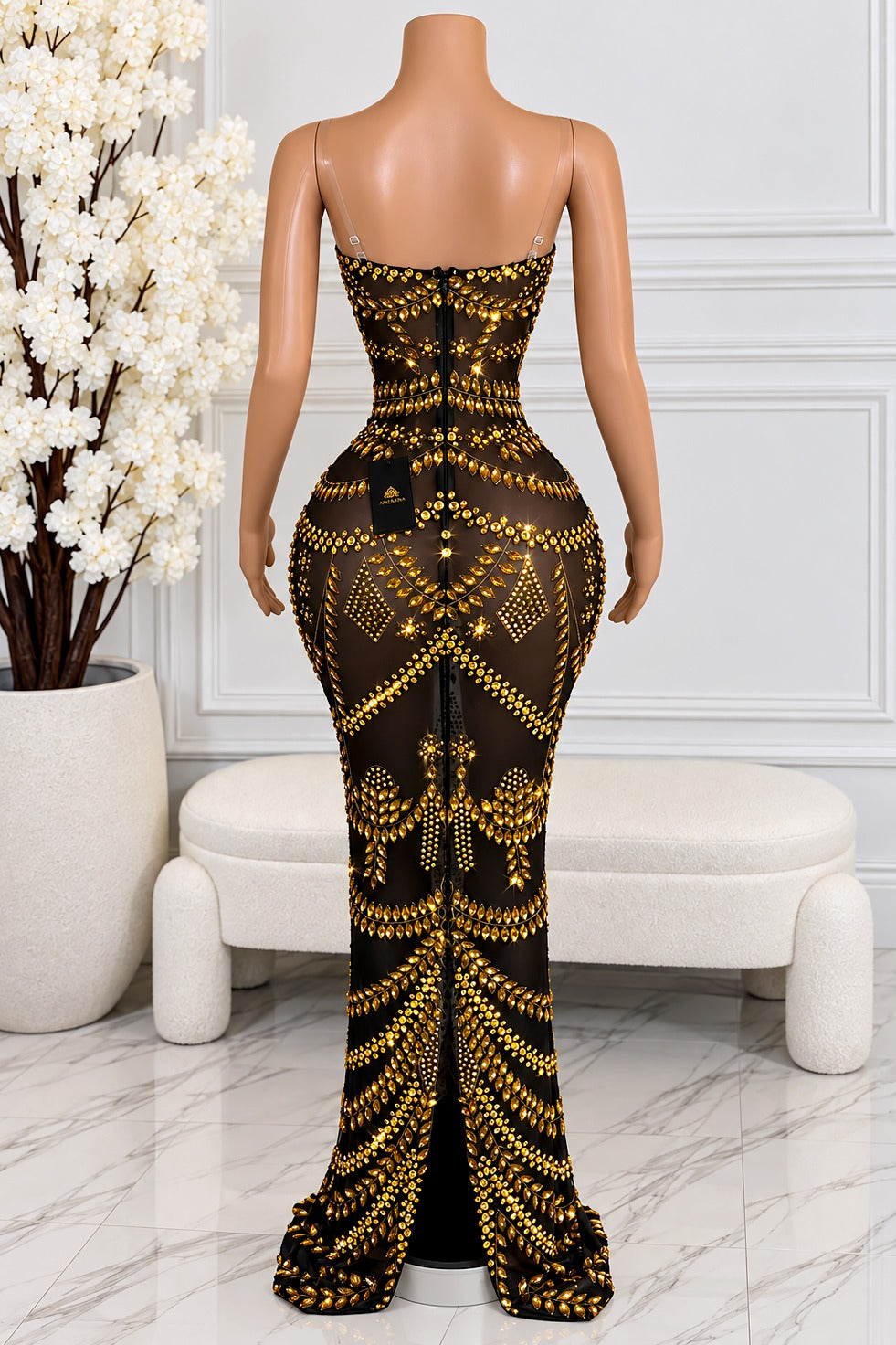 Elaf Gold Rhinestone Maxi Dress back view, gold crystal patterns, clear straps, back zipper and slit