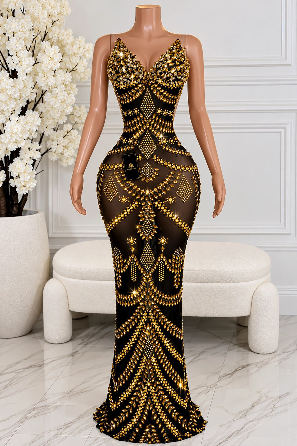 Elaf Gold Rhinestone Maxi Dress front view, black illusion gown with gold rhinestone geometric design and plunging neckline