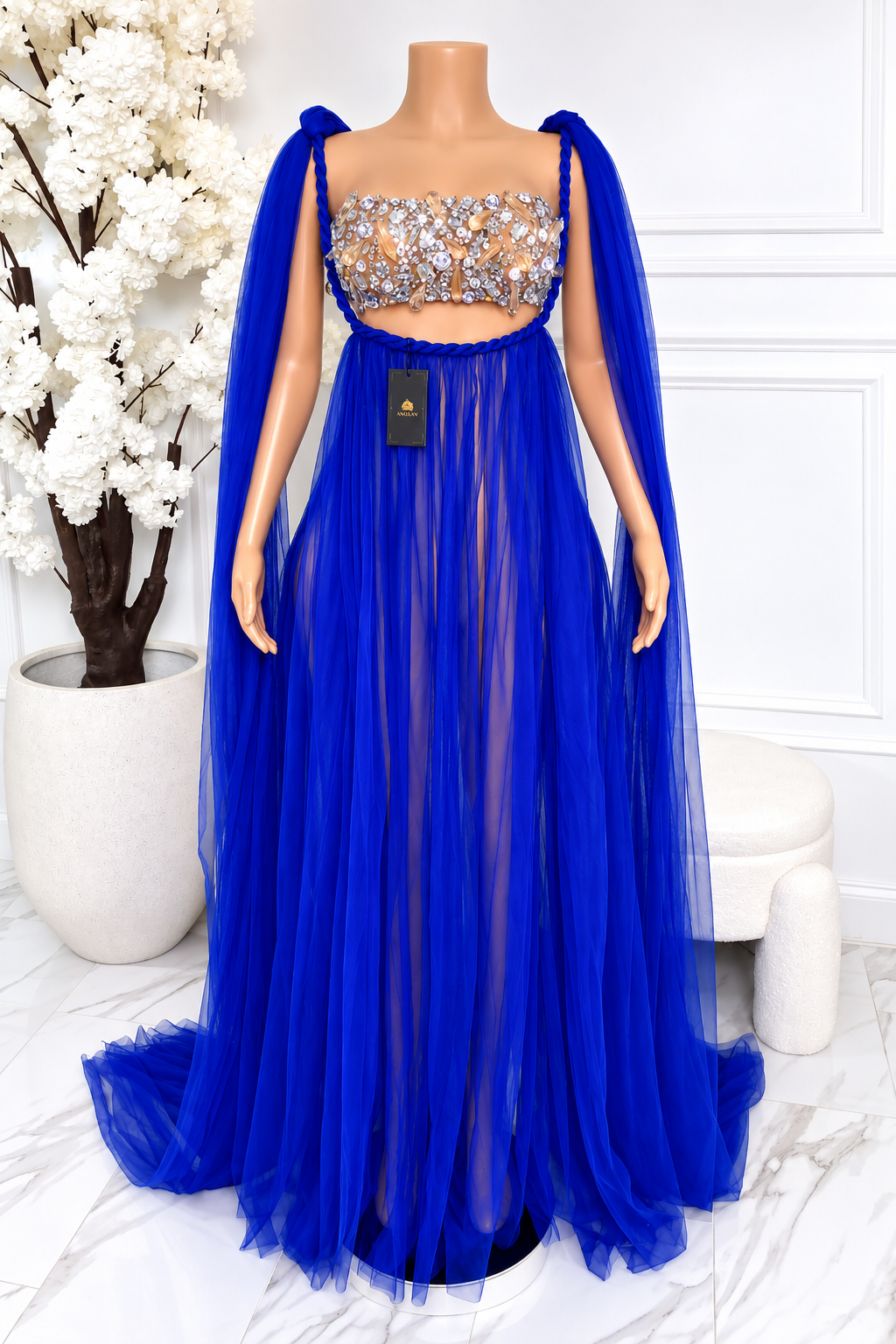 Elara royal blue rhinestone sheer tulle maxi dress, front view showing embellished bodice and long flowing cape sleeves