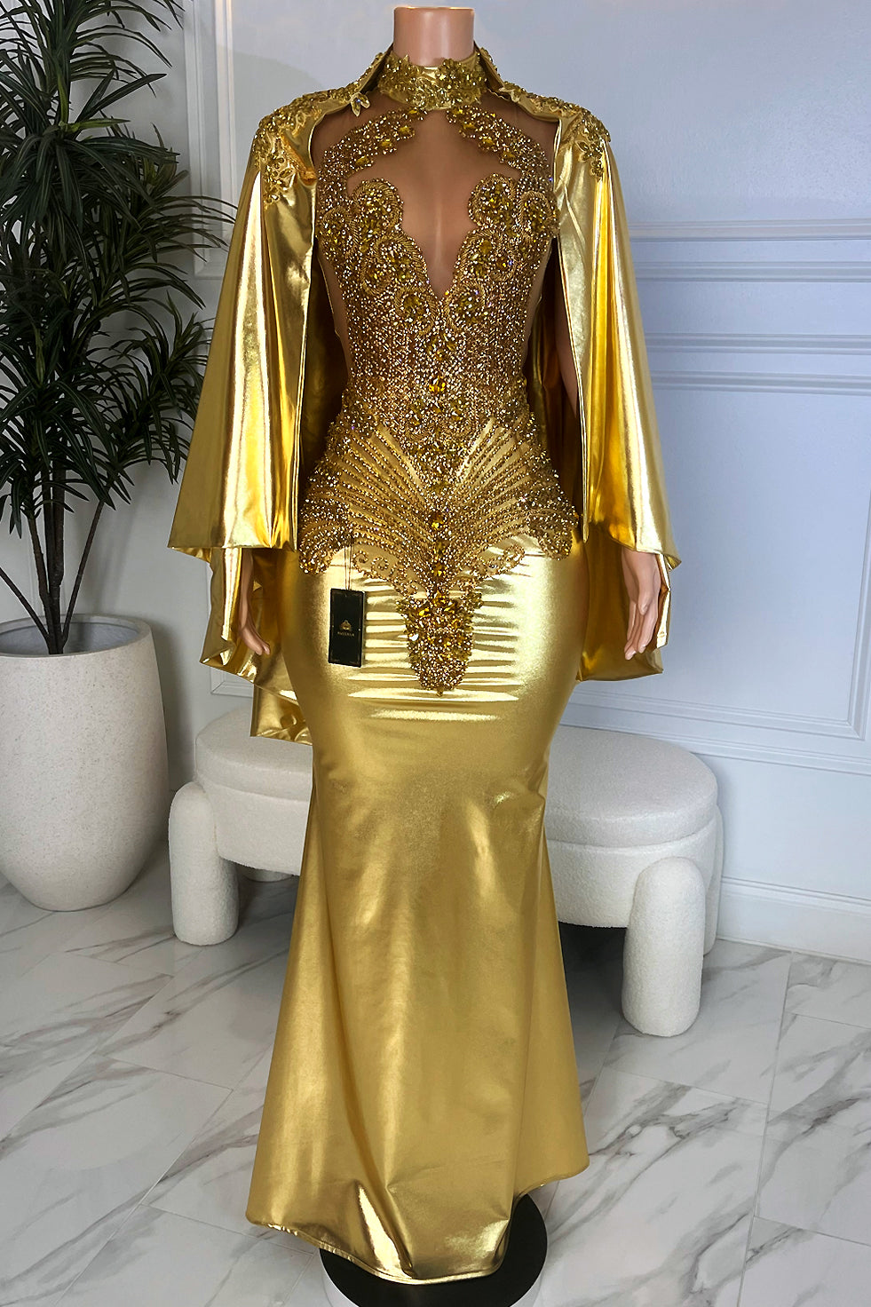 Gold rhinestone cape gown with high neck halter and plunge illusion neckline, formal evening dress
