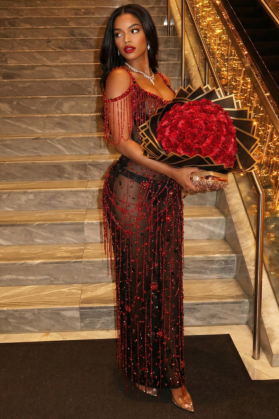 Black Sheer Mesh Red Rhinestone Tassel Maxi Dress