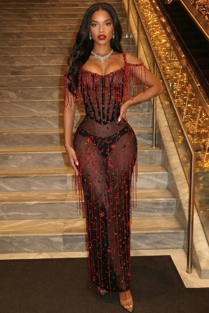 Black Sheer Mesh Red Rhinestone Tassel Maxi Dress