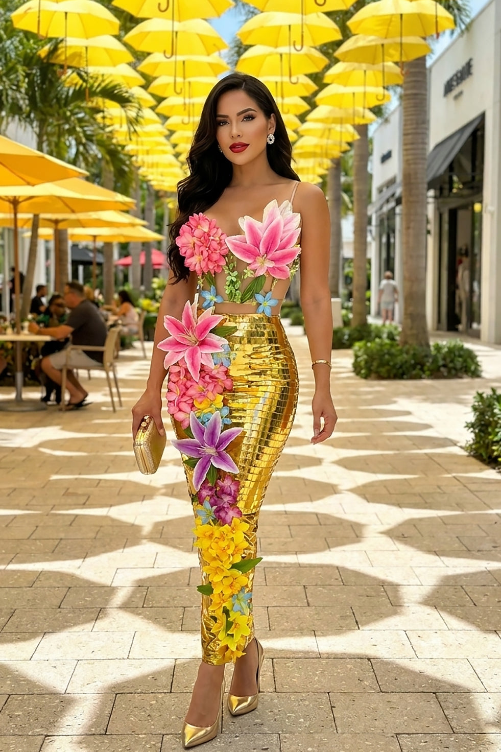 Front view of a gold fitted midi dress with multicolor floral appliqué, illusion bodice, and reflective textured skirt