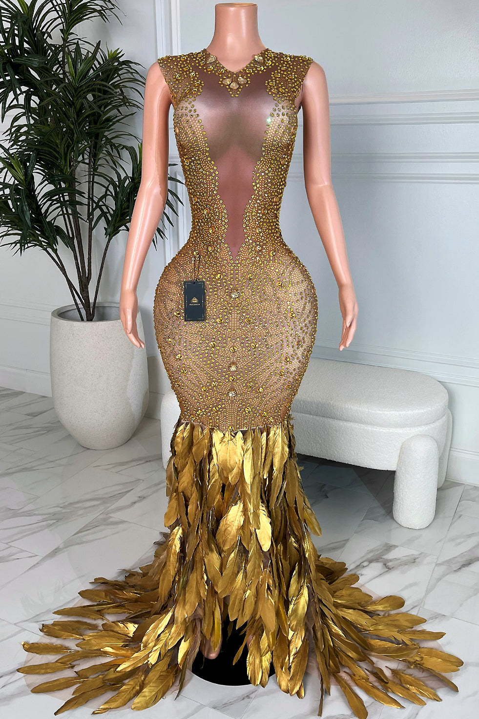 Golden Gal Rhinestone Feather Dress (Made to Order)