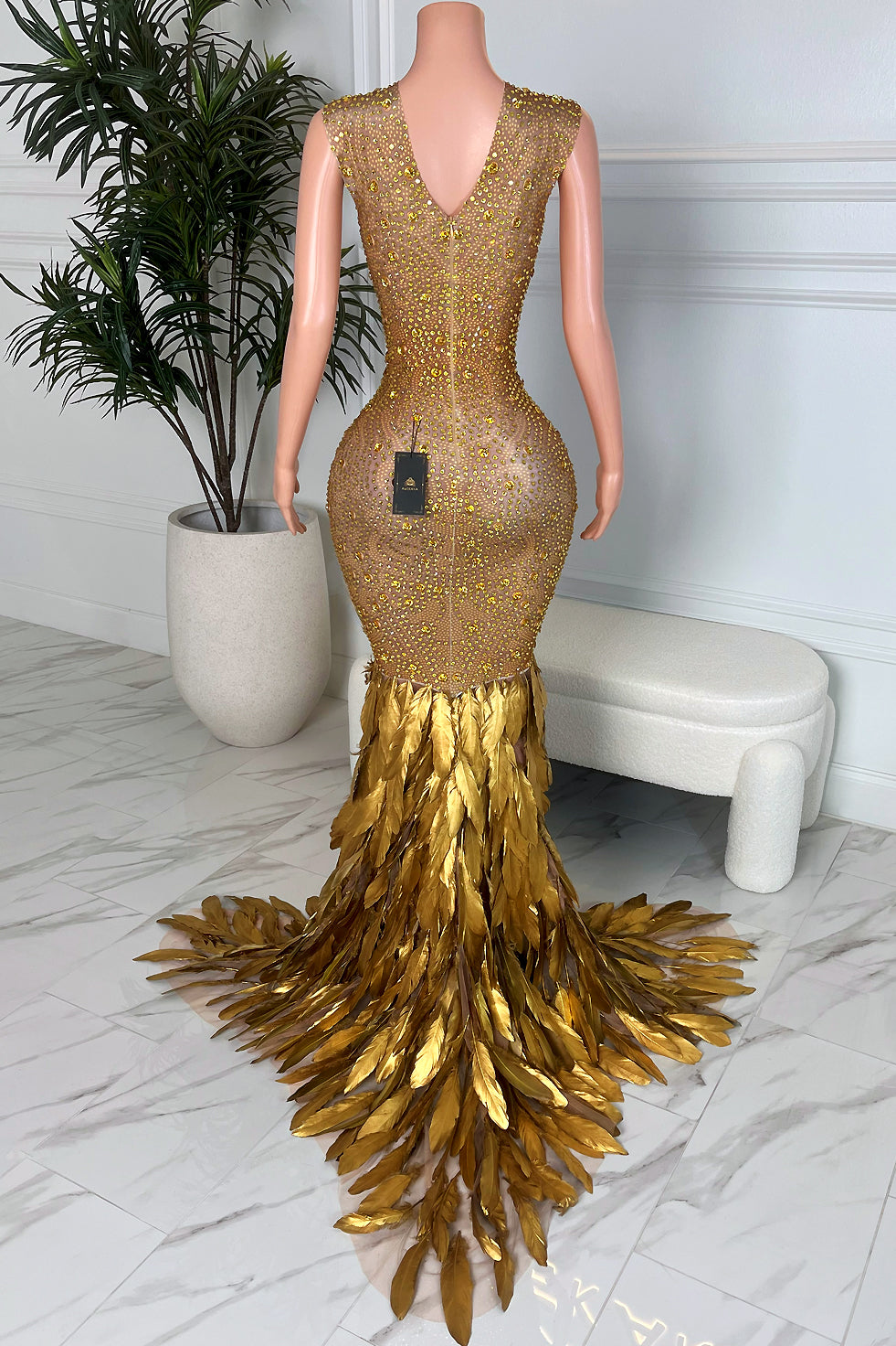 Golden Gal Rhinestone Feather Dress (Made to Order)
