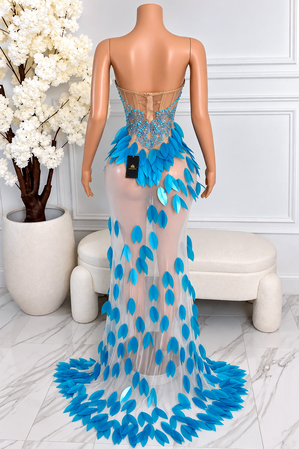 Gracie blue rhinestone applique maxi dress back view with lace-up corset and blue leaf appliques