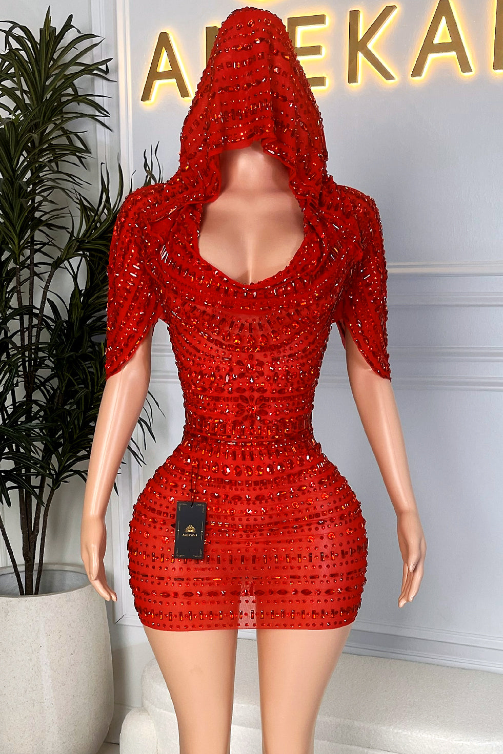 Red Hooded Skirt Set on mannequin, red rhinestone mesh crop top with hood and matching bodycon mini skirt, shown from the front at Amekana showroom.