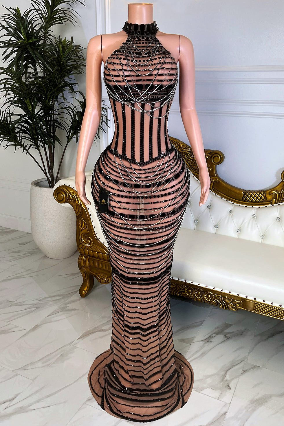 Black rhinestone cutout maxi dress front view