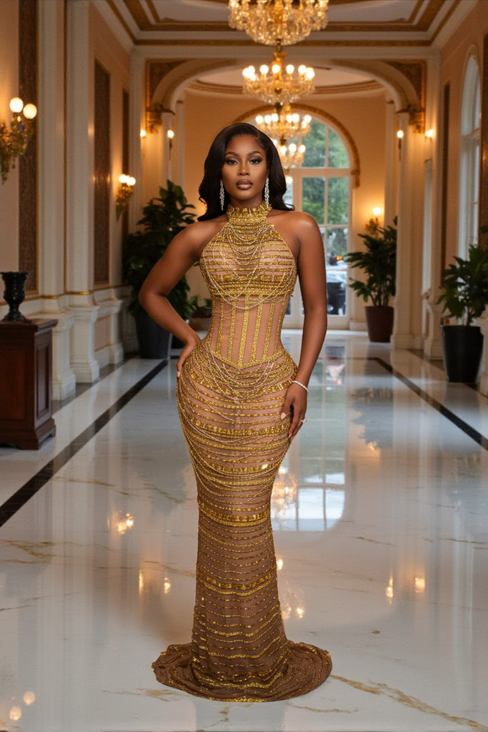 rhinestone gold dress Mew Mews Chiquita Sequin Maxi In featuring a boning corset with fringes on the bust part Iska Gold Rhinestone Mesh Maxi