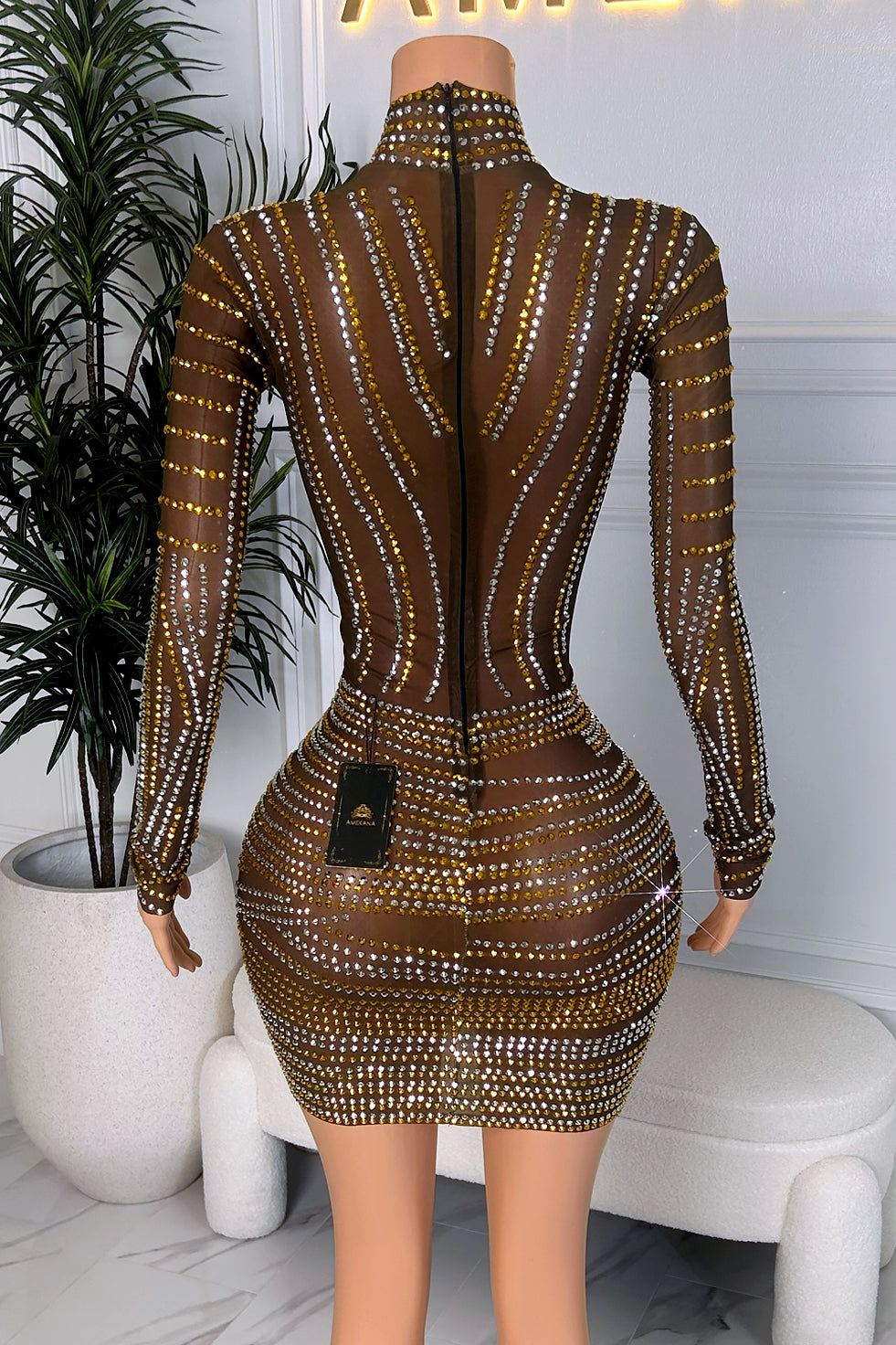 Back view of sheer rhinestone mesh mini dress with long sleeves, high neckline, gold and silver crystal detailing, and back zipper.