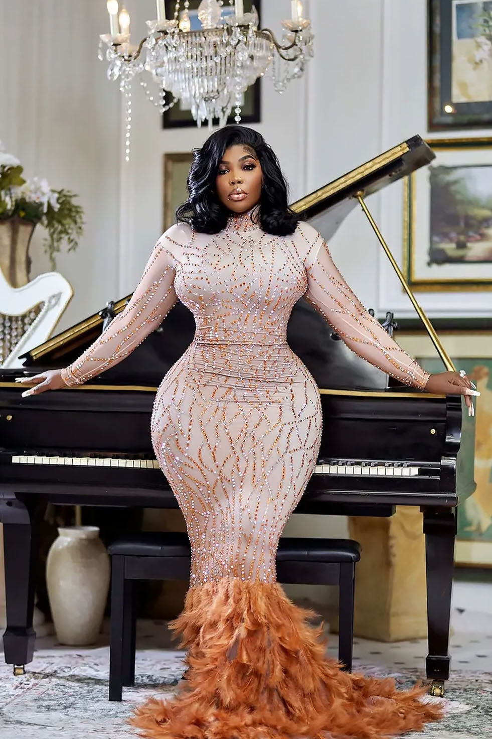 Lada Diamante Feather Dress (Ready To Ship)