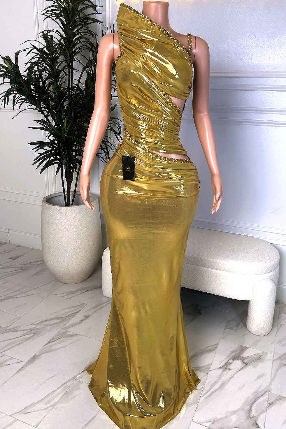 Gold One Shoulder Metallic Evening Gown – AMEKANA